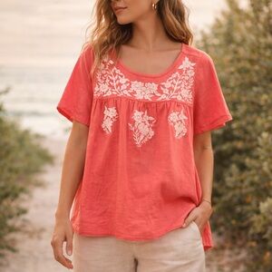SALE. Embroidered Scoop-Neck Comfy Blouse in Coral